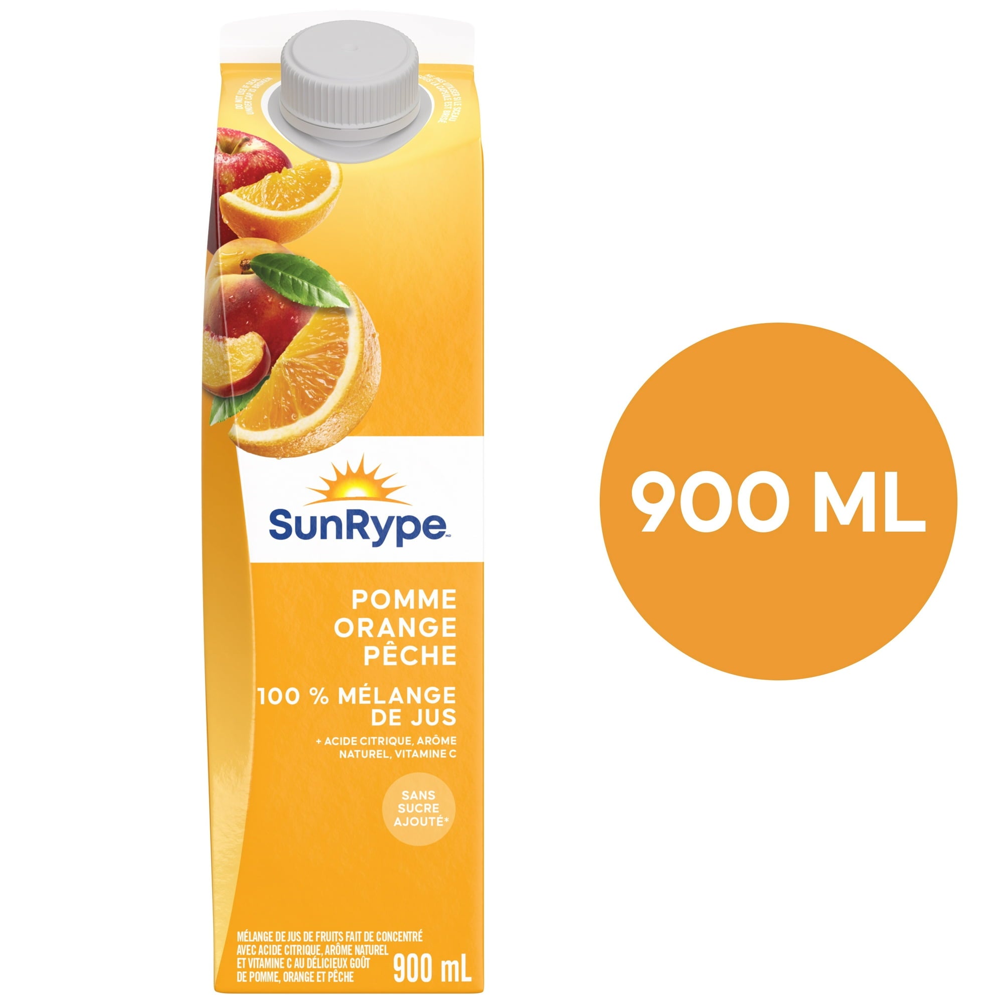 SunRype Fruit Juice, Apple Orange Peach, 900ml/30.4 fl. oz. Carton, back of carton