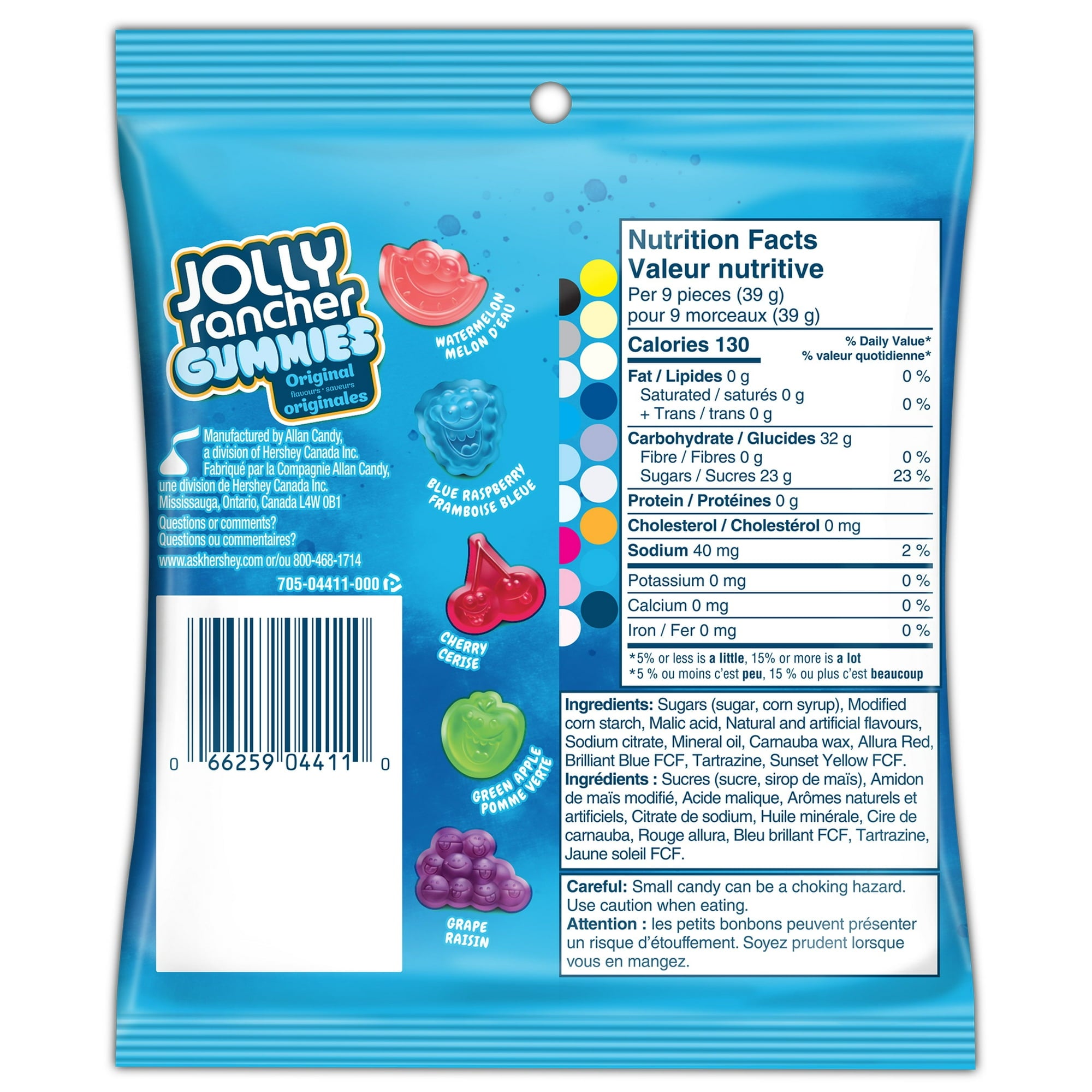 Jolly Rancher Gummies, Original Flavors, 182g/6.4 oz., back of bag.