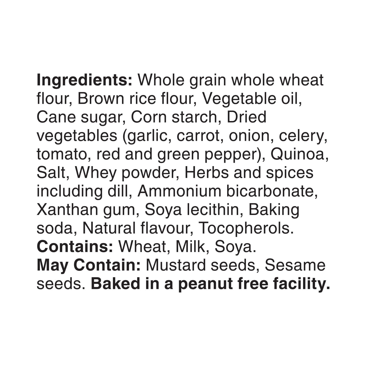 List of ingredients and allergen information for Dare Breton Simple Goodness Dill & Herb Crackers, 180g/6.3 oz on a white background