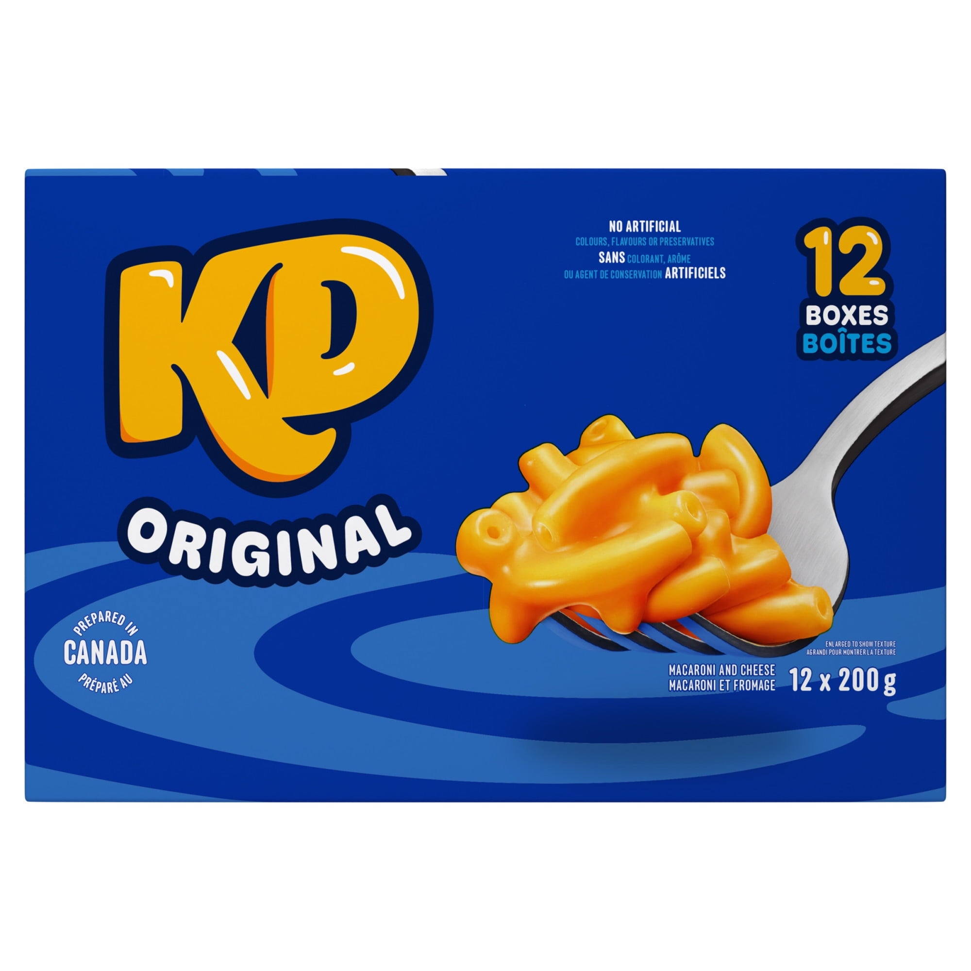 Box of KD Original macaroni and cheese with a forkful of pasta on a blue background