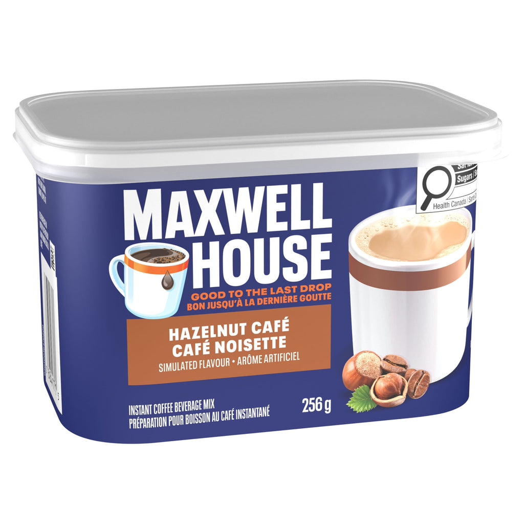 Maxwell House Hazelnut coffee mix container on a white background