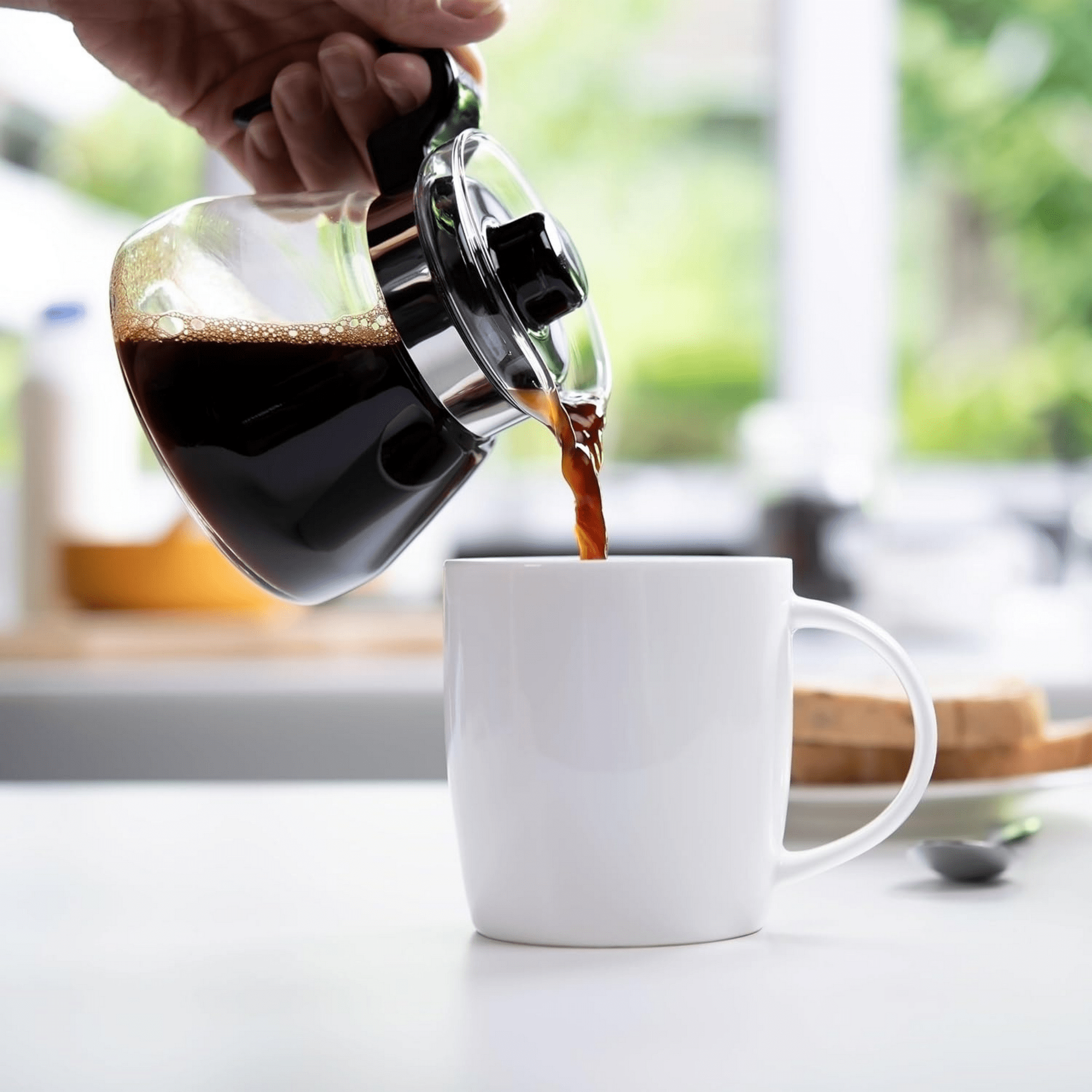 Pouring coffee from a glass carafe into a white mug on a blurred background