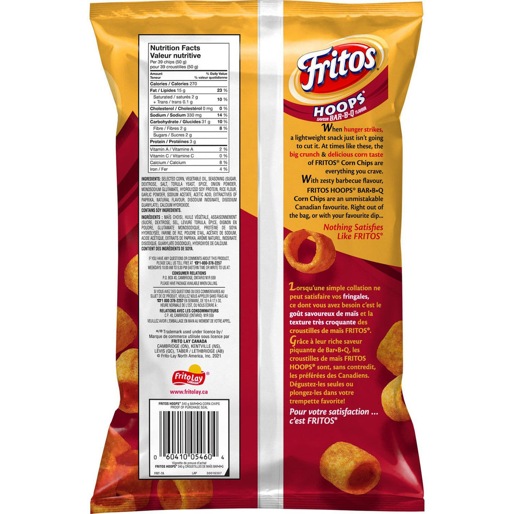 Fritos Hoops BAR-B-Q Corn Chips, 340g/12 oz., Bag, {Imported from Canada}