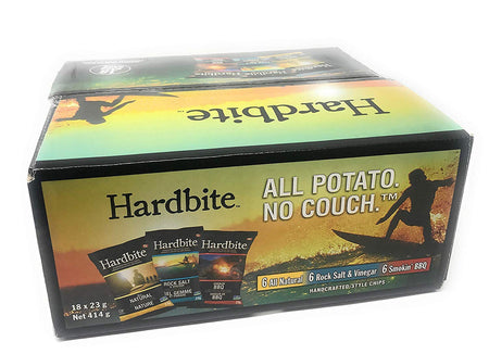 Hardbite Handcrafted-Style Potato Chips -18 Bags - 6 All Natural, 6 Rock Salt & Vinegar, 6 Smoking' BBQ, {Imported from Canada}