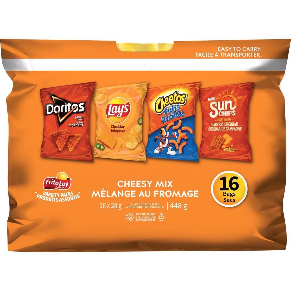 Frito-Lay Chips Variety Pack, Cheesy Mix, (Doritos Zesty Cheese, Lays Cheddar Jalapeno, Cheetos Cheese Puffs & Sun Chips Harvest Cheddar Flavors), (16ct x 28g), 448g, back of pack.