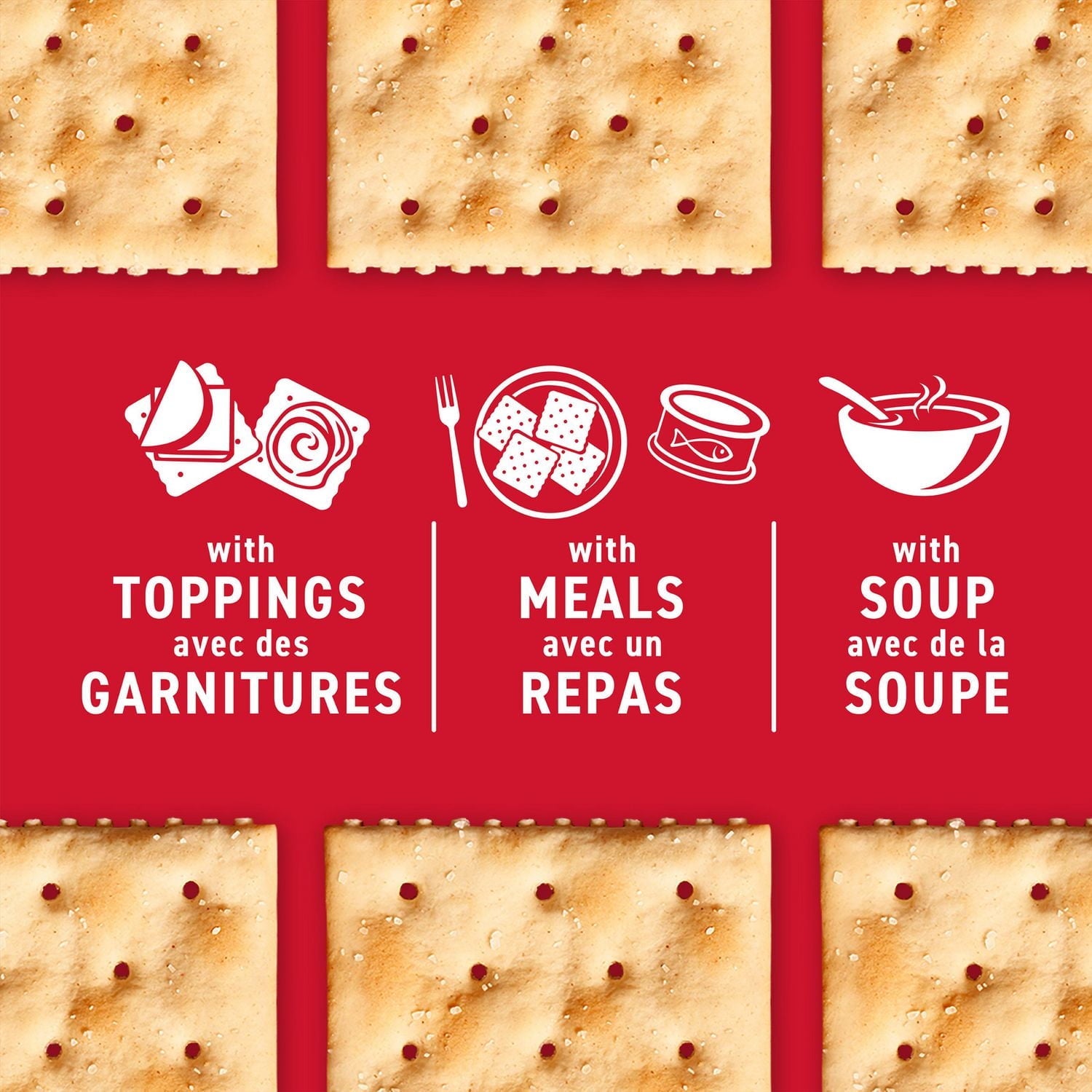 Pattern of crackers with text and icons on a red background