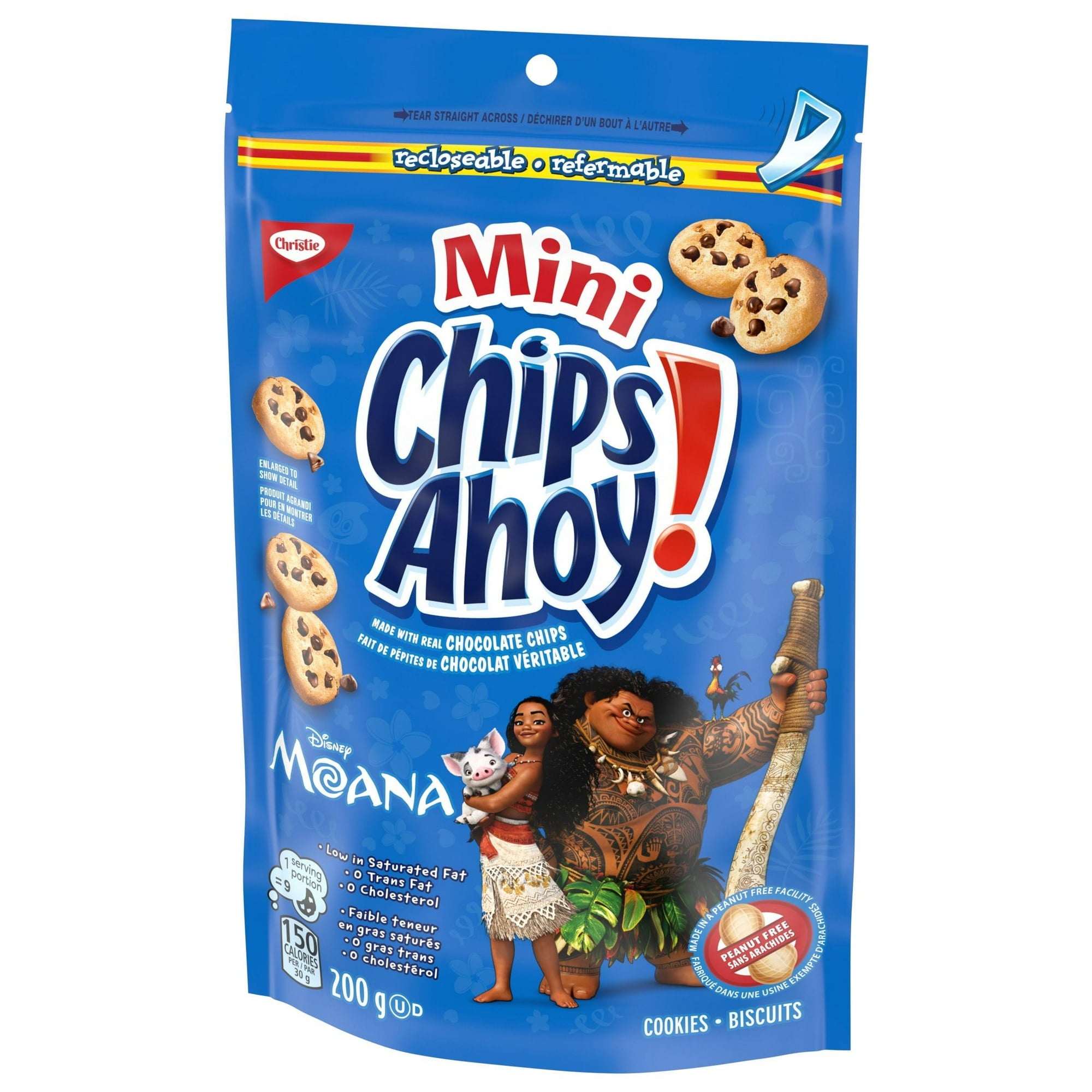 Chips Ahoy! Chocolate Chip Cookies With Mini Chips, 200g/7.05 oz featuring Moana and Maui from Disney's Moana on a blue background