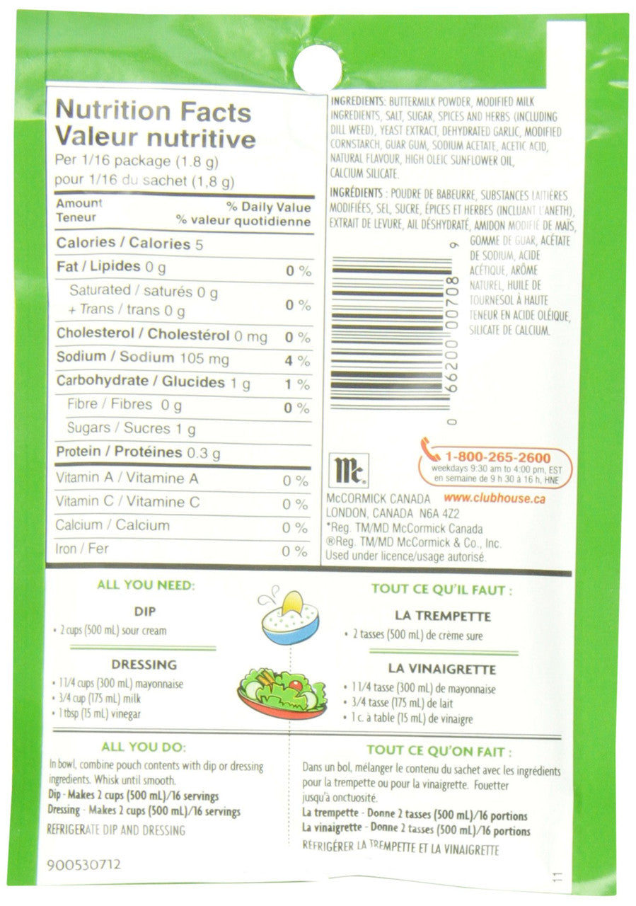 Club House, Dry Sauce/Seasoning/Marinade Mix, Salad N Dip, Cream Dill, 28g, (Imported from Canada)