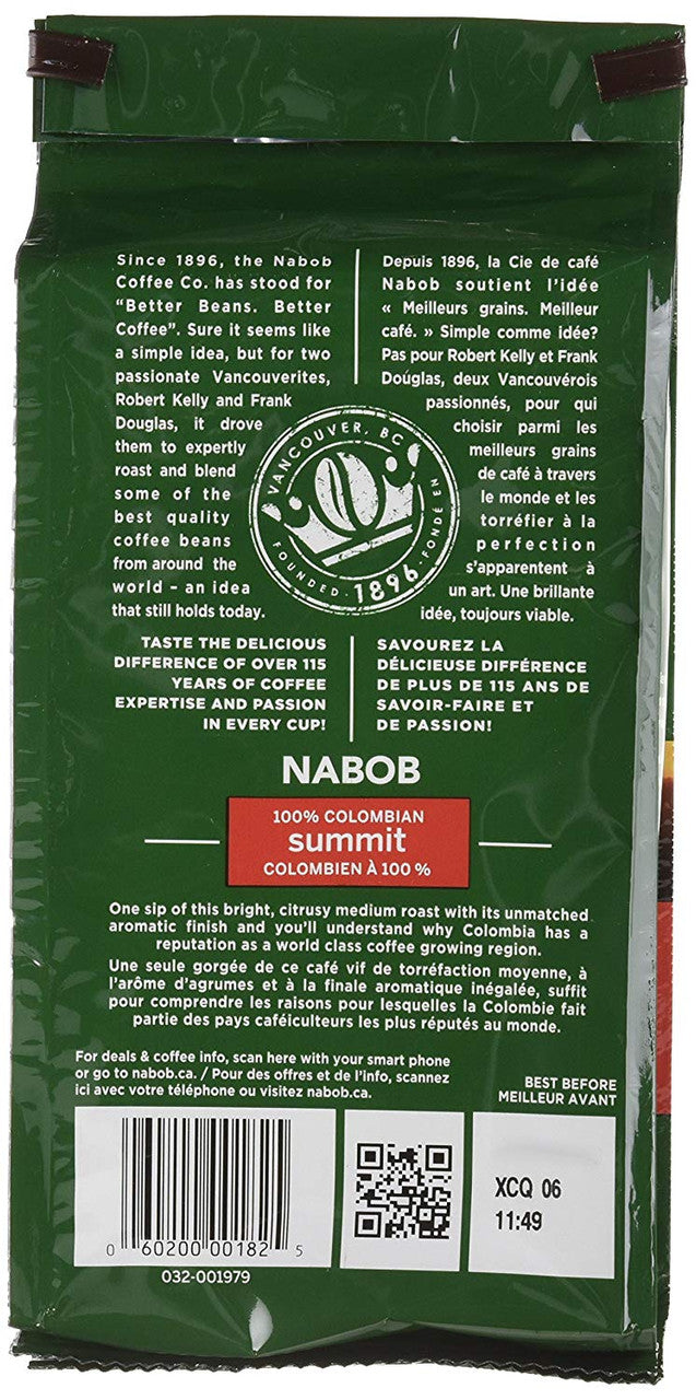 Nabob Ground Coffee, 100% Colombian Summit Medium Roast, 300g {Imported from Canada}