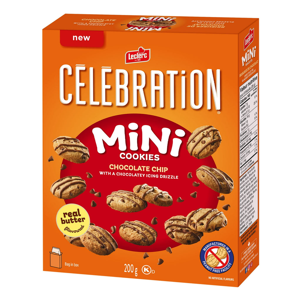 Box of L'Cherie Celebration Mini Cookies with chocolate chip design on an orange background