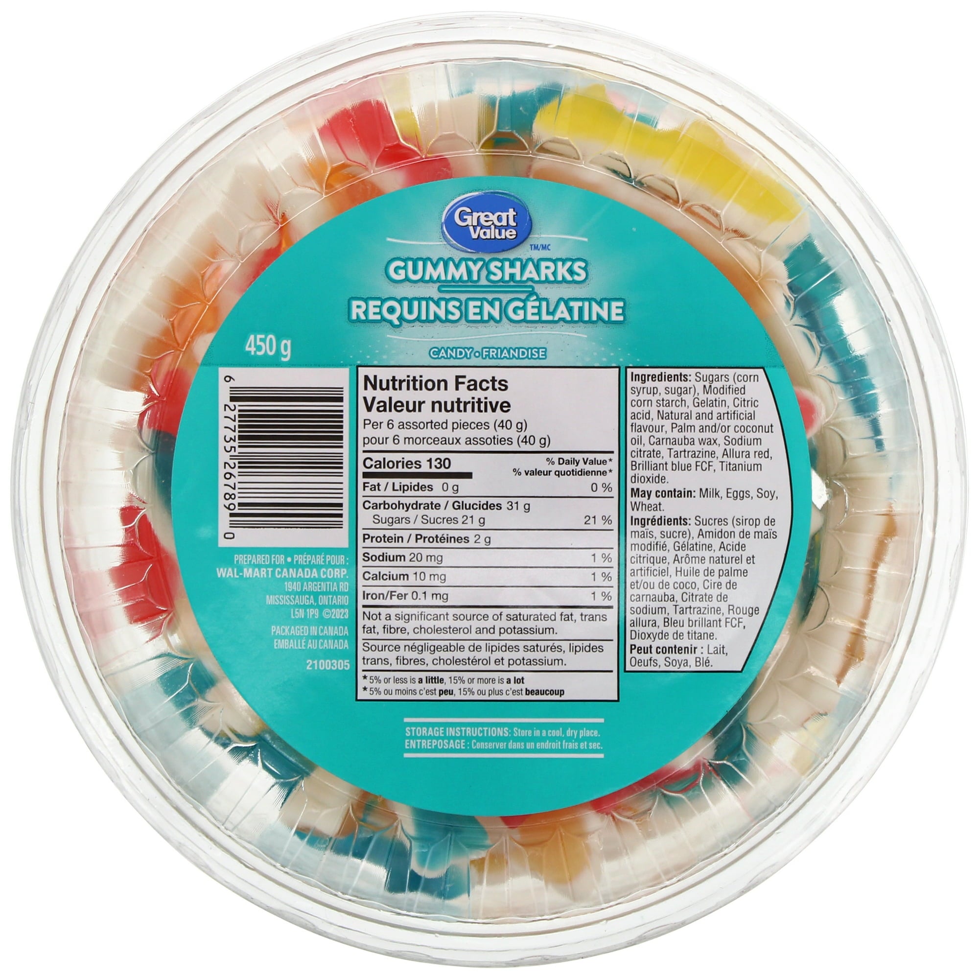 Great Value Gummy Sharks Candy, 450g/15.9 oz., Tub, front of tub.