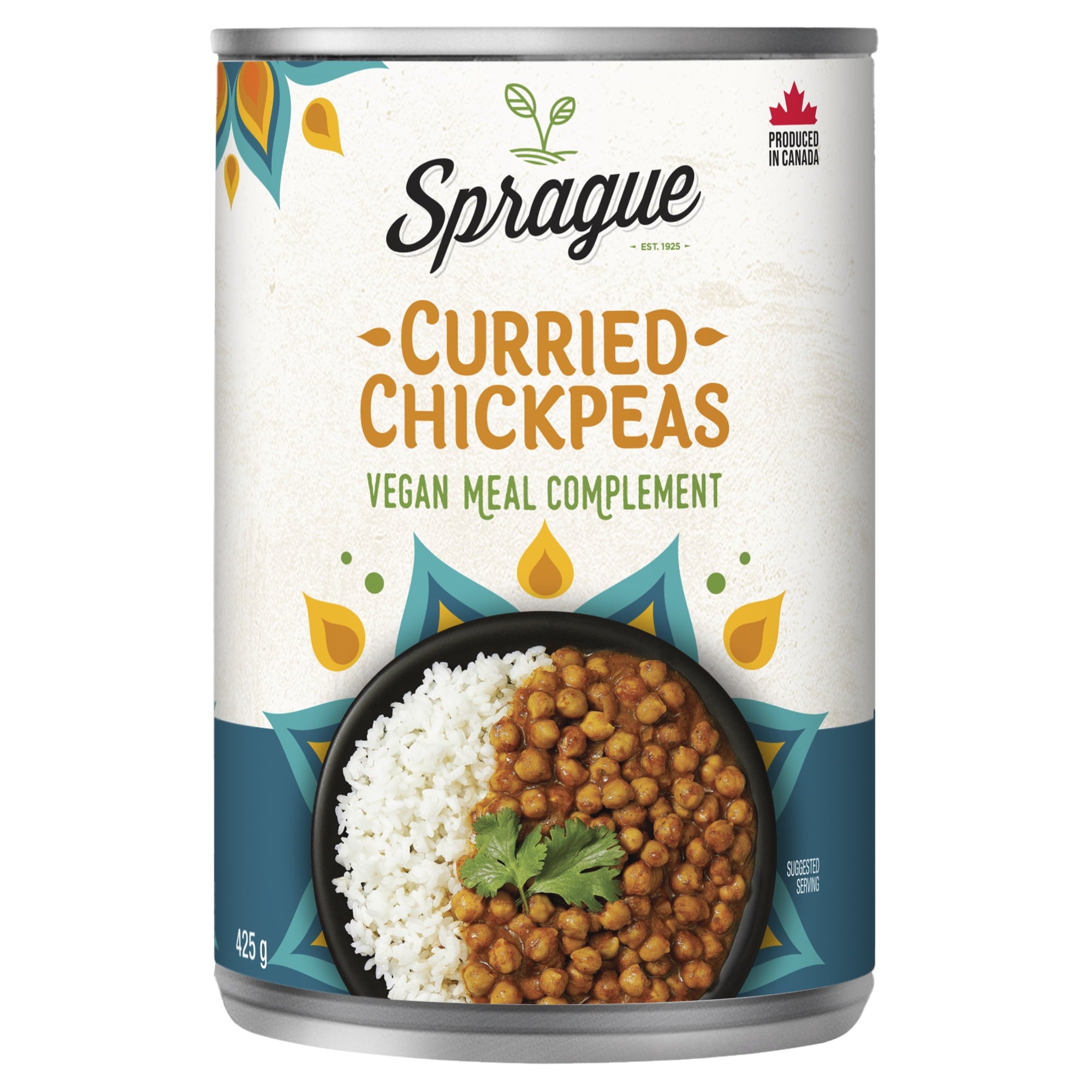 Sprague Vegan Curried Chickpeas, Ready to Eat, 425g/15 oz., Can, front of can.