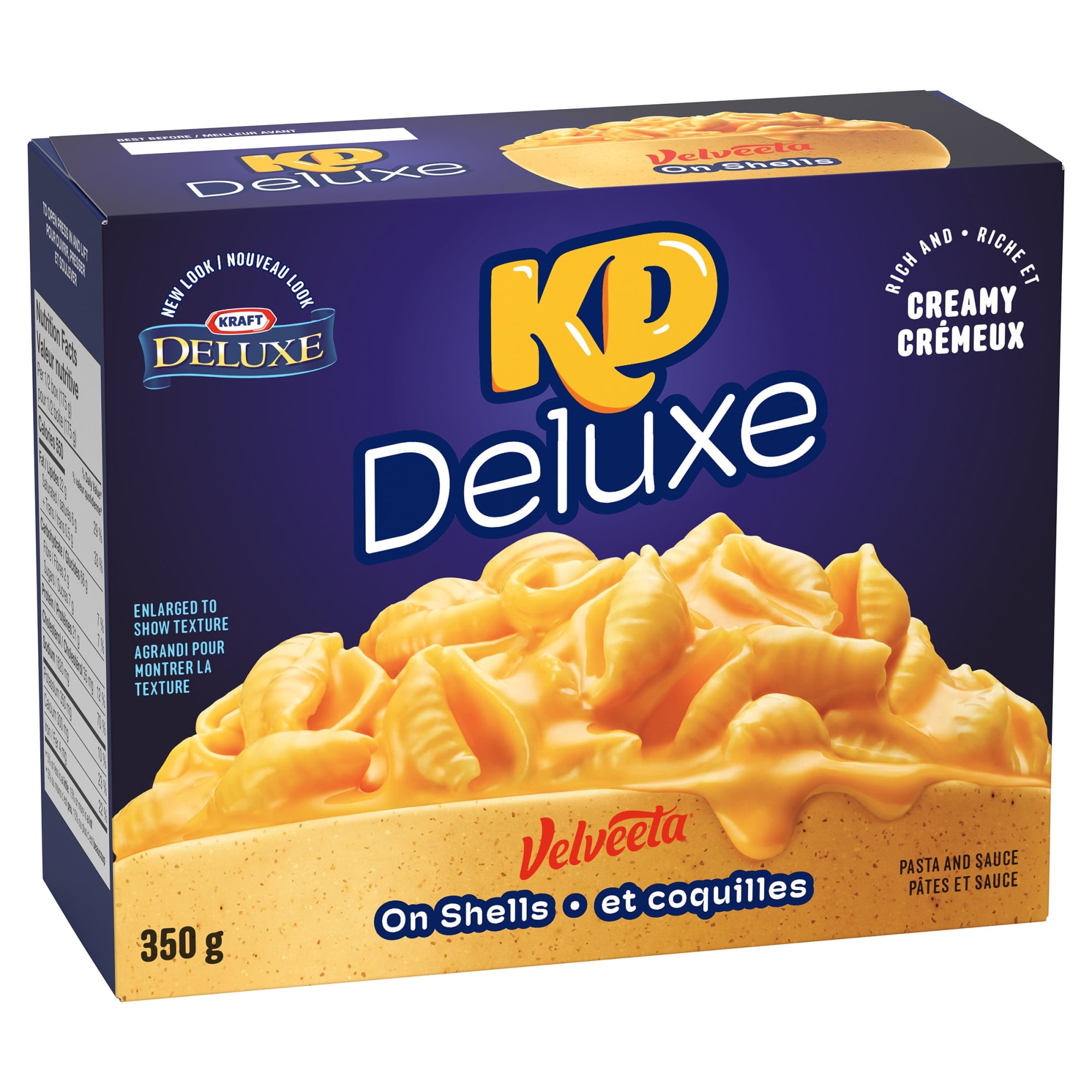 KD Kraft Dinner Deluxe Velveeta On Shells, Rich And Creamy Mac & Cheese, 350g/12.3 oz., front of box.