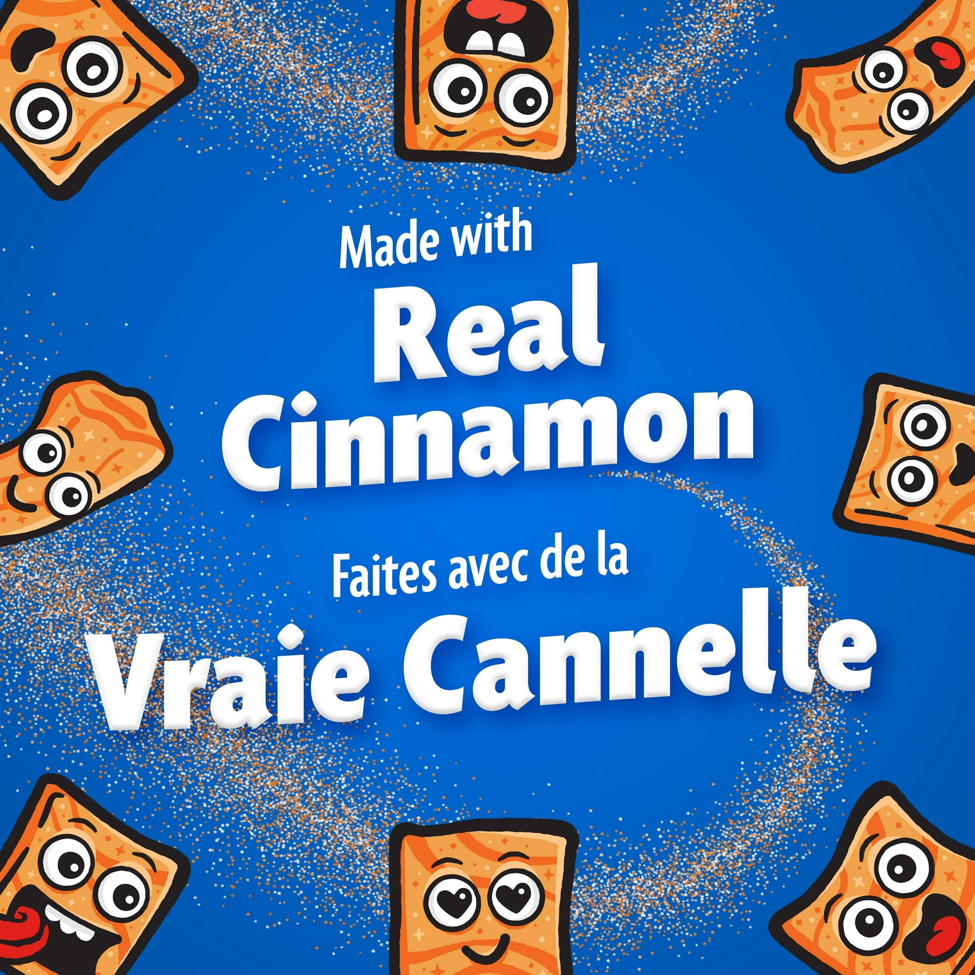 Cinnamon product packaging with cartoon characters on a blue background and text about real cinnamon.