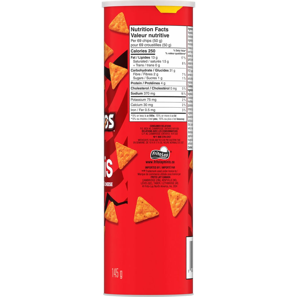 Doritos Minis Nacho Flavored Tortilla Chips, 145g, back of canister.