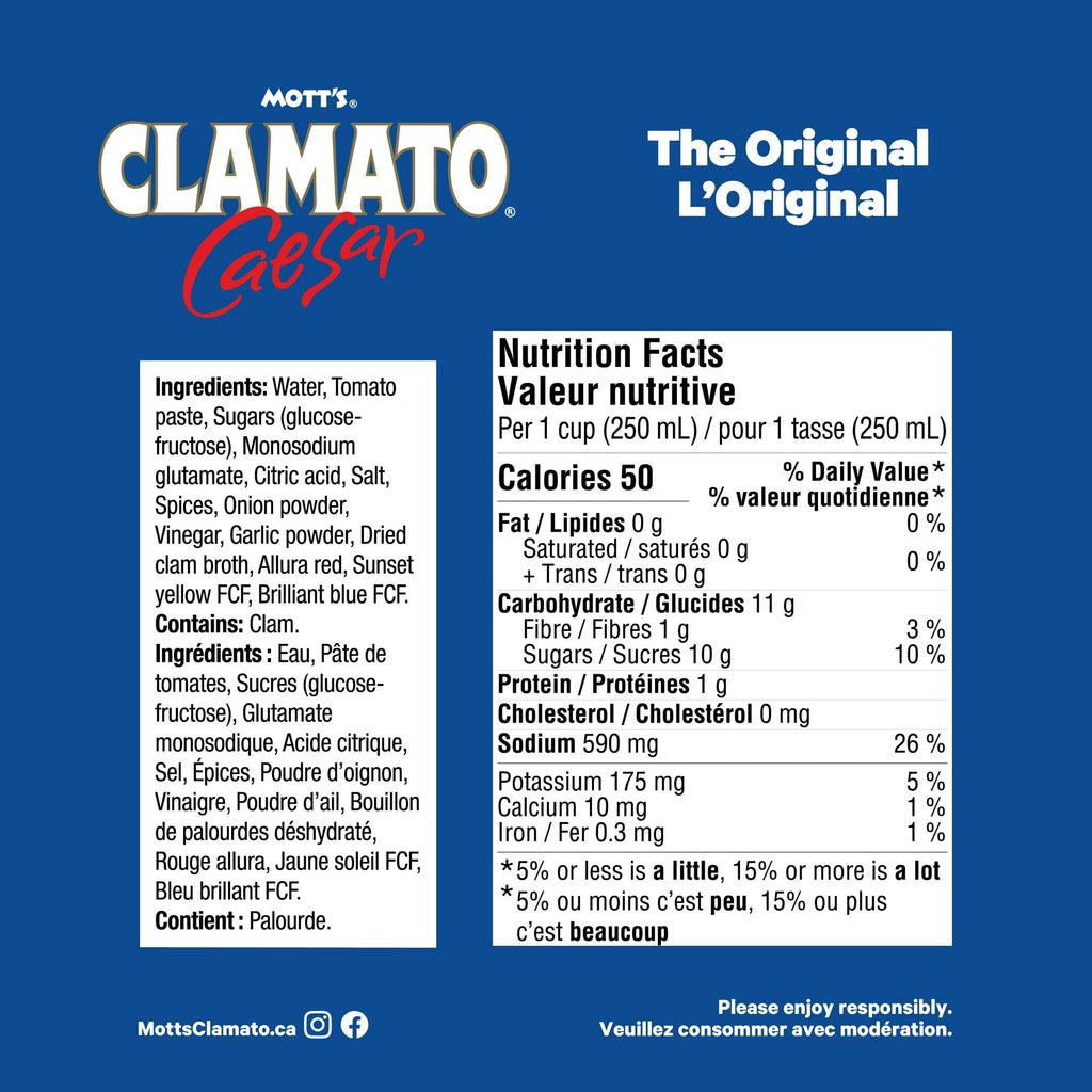 Mott's Clamato Juice, The Original, 945ml/32 oz. Bottle, nutrition facts and ingredients label.