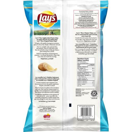 Lay's Wavy Lightly Salted Potato Chips, One Large Bag, {Imported from Canada}