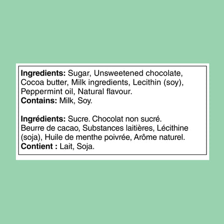Ingredients label for HERSHEY'S Chipits Mint Chocolate Chips 200g package on a green background