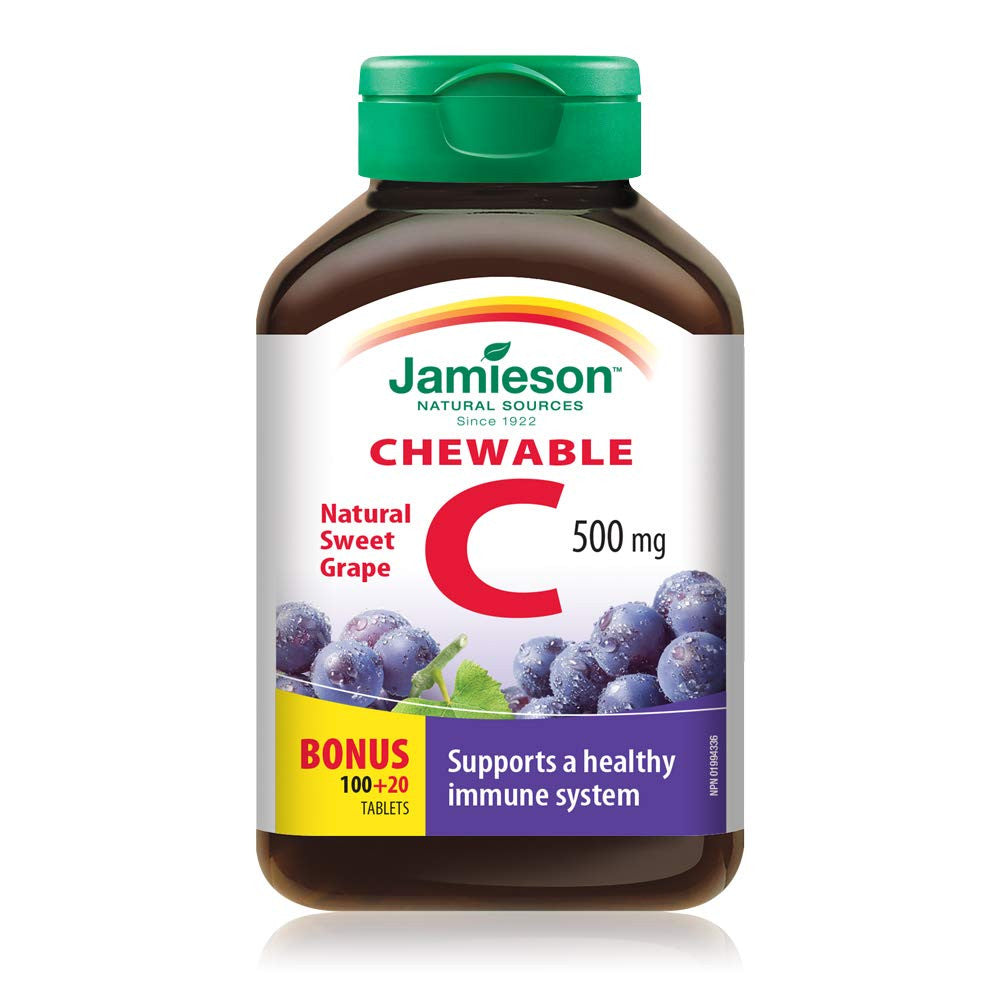 Jamieson Chewable Vitamin C 500 mg - Grape Juice, 120 Tabs, {Imported from Canada}
