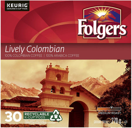 Folgers Lively Colombian K-Cup Coffee Pods 30 Count, {Imported from Canada}