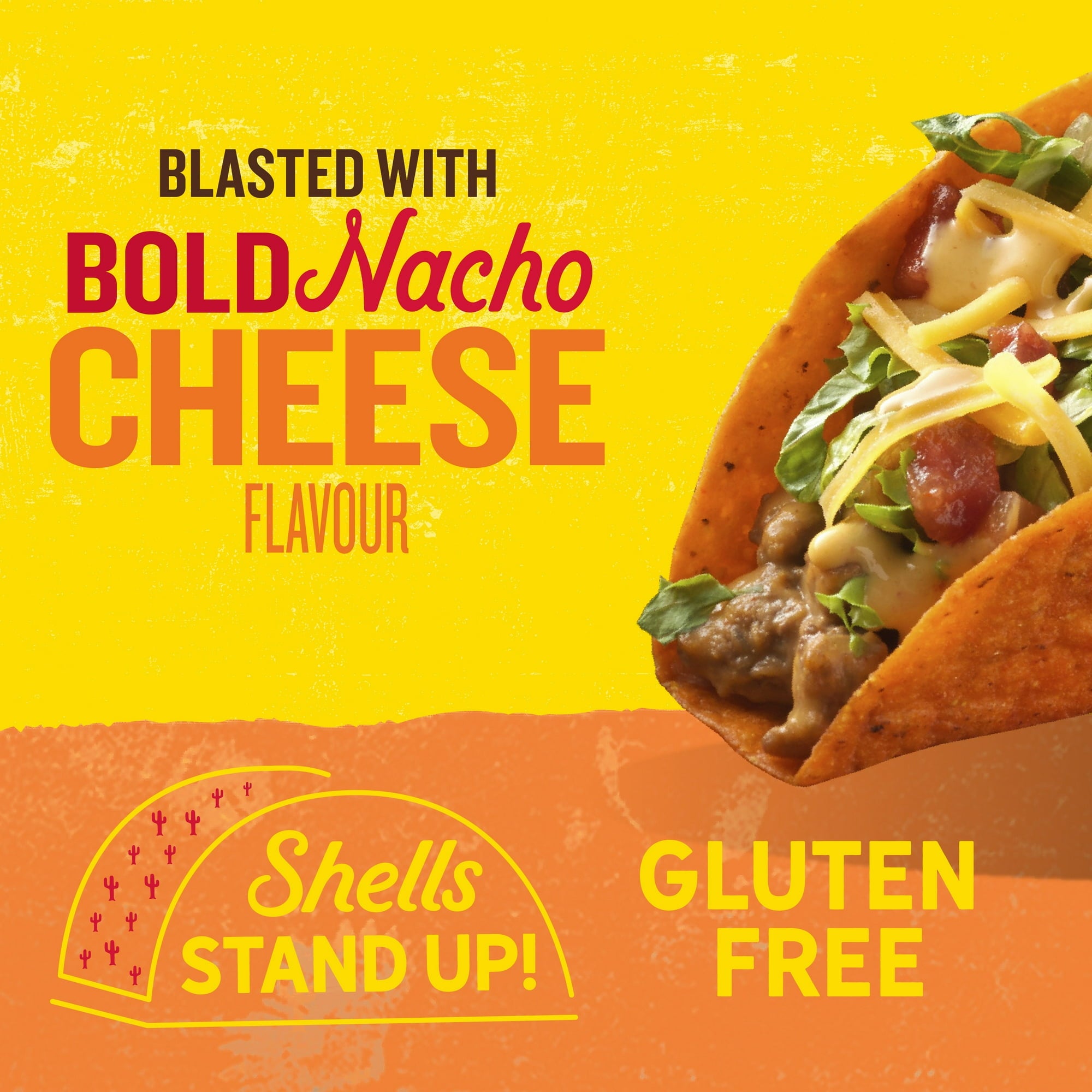 Taco with bold nacho cheese flavor on a yellow and orange background