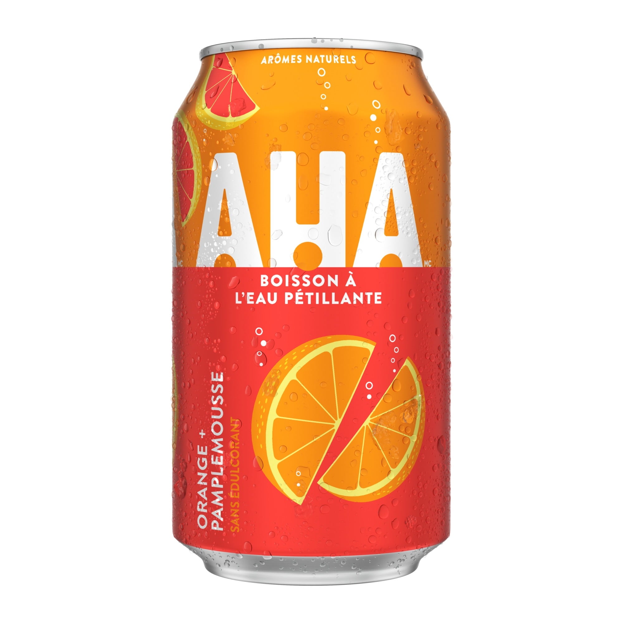 Can of AHA sparkling drink with orange and grapefruit design on a white background