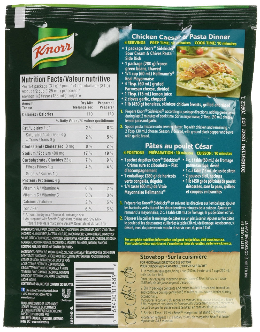 Knorr Sidekicks Sour Cream & Chives Pasta 120g {Imported from Canada}