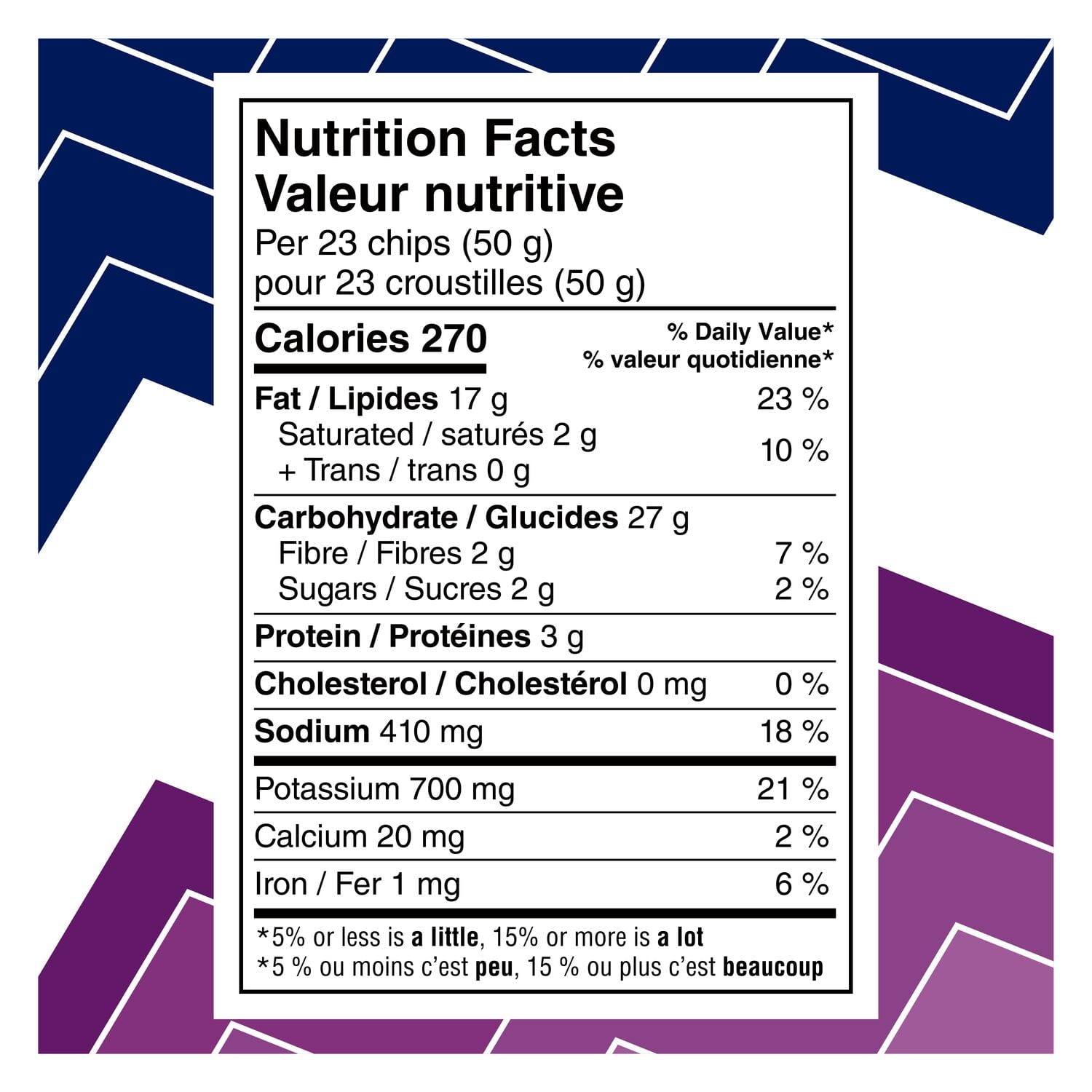 Nutrition facts label for Ruffles All Dressed Party Size Potato Chips, 380g/13.4 oz with blue and purple geometric design elements.