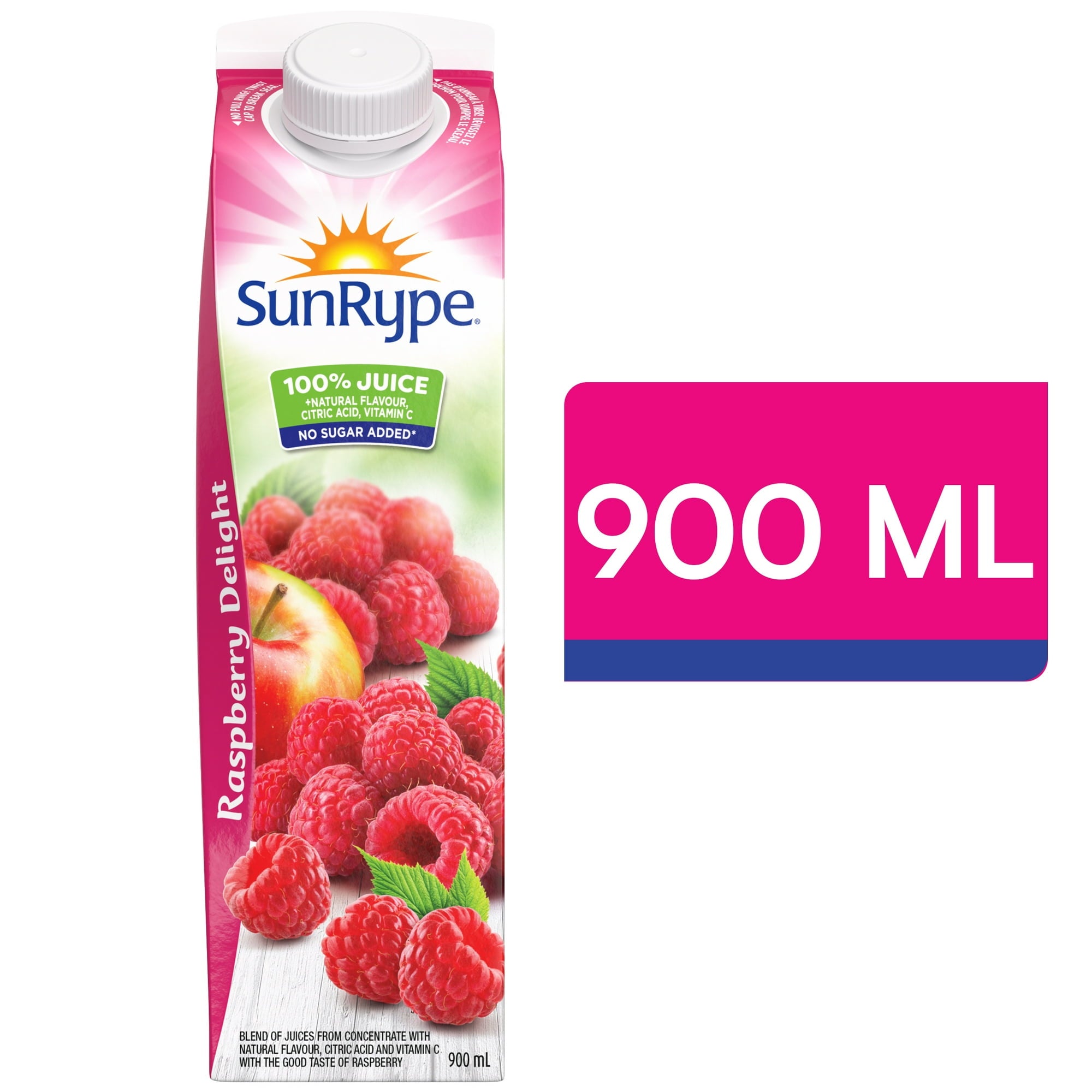 SunRype Fruit Juice, Raspberry, 900ml/30.4 fl. oz. Carton, front of carton