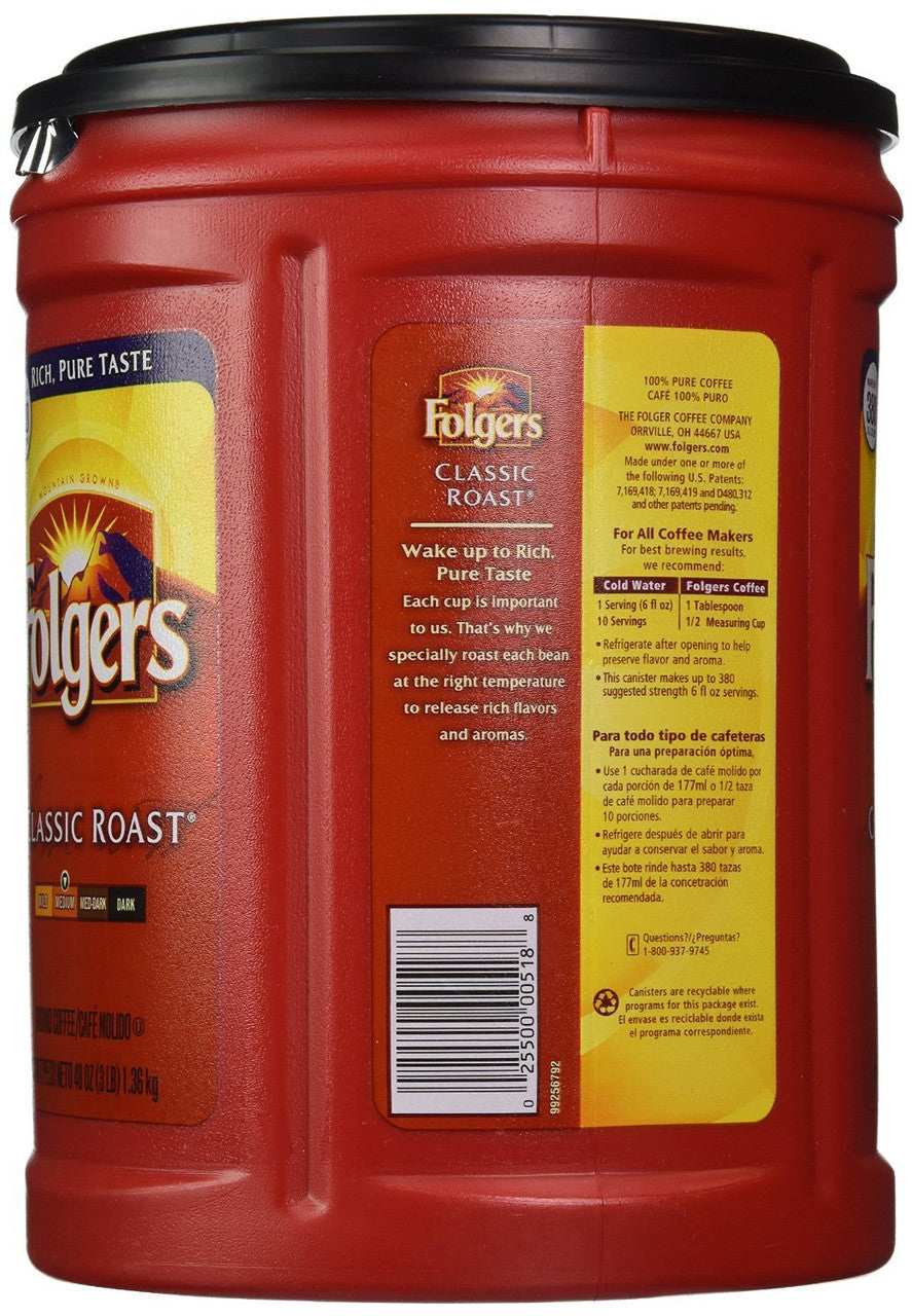 Folgers Classic Medium Roast Ground Coffee,1.36kg 3lb{Imported from Canada}
