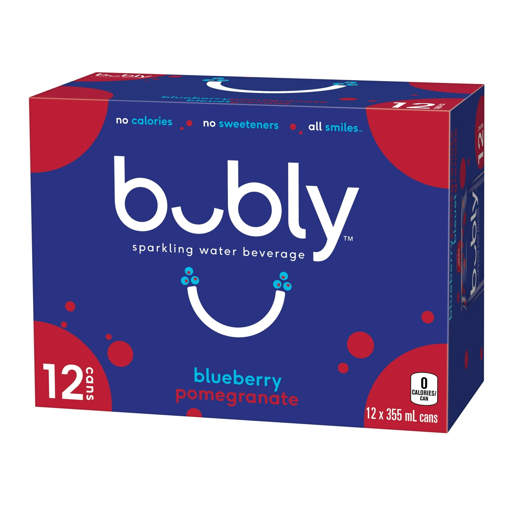 Front of Bubly Blueberry Pomegranate Sparkling Water Beverage, 12x355ml cans, 4.26L/144 oz