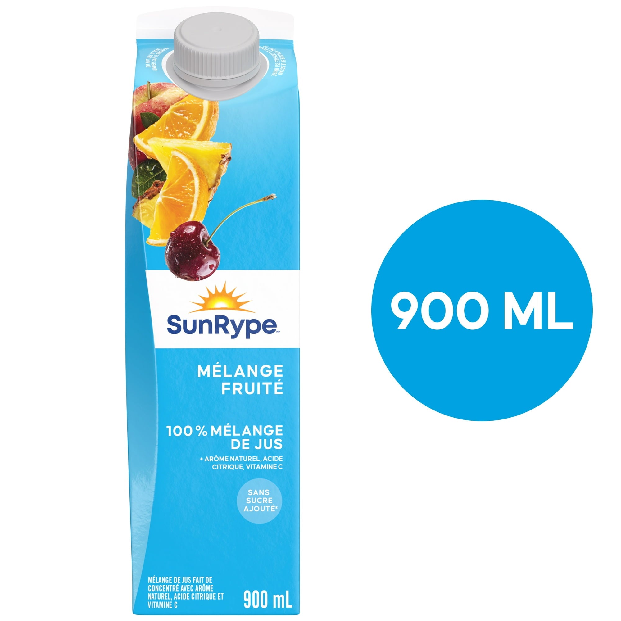 SunRype Fruit Juice, Fruit Medley, 900ml/30.4 fl. oz. Carton, back of carton