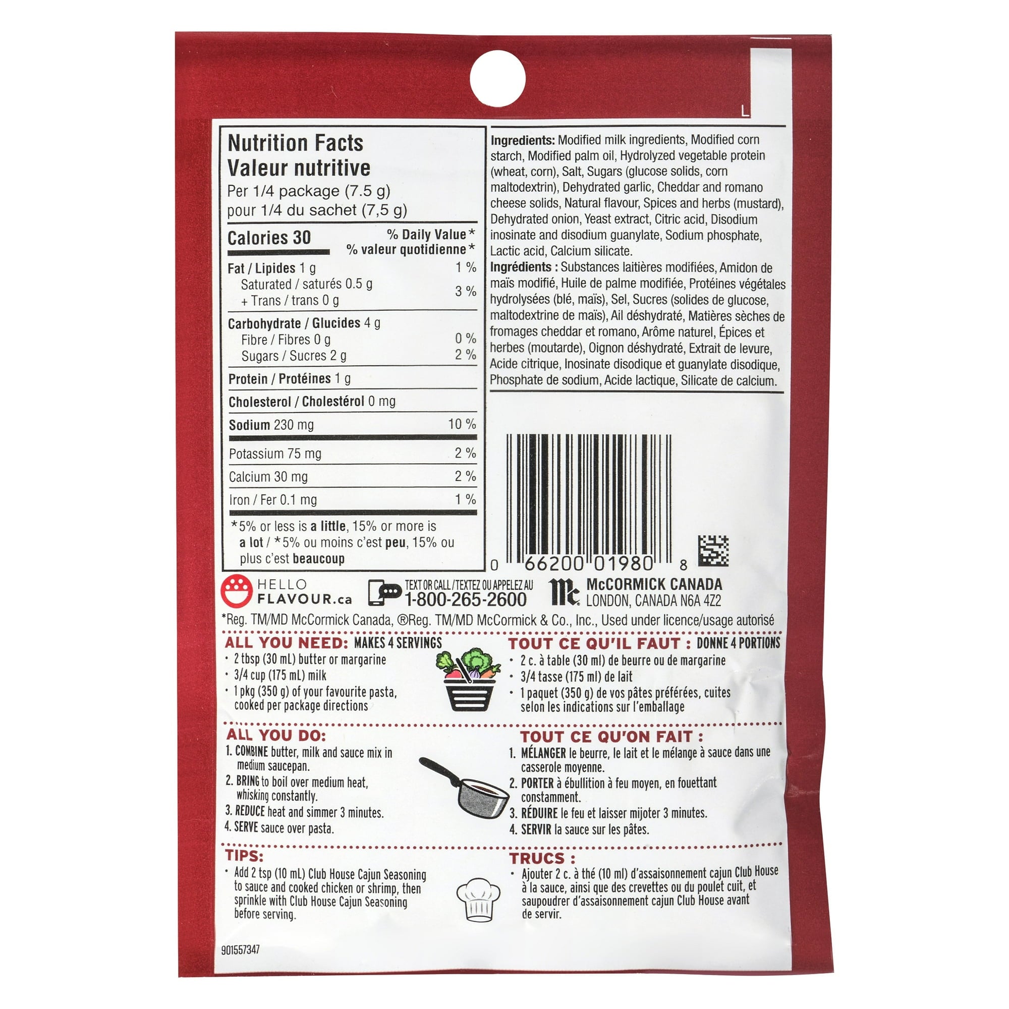 Club House Pasta Alfredo, 30g/1.1 oz, Single Pack, back of package.