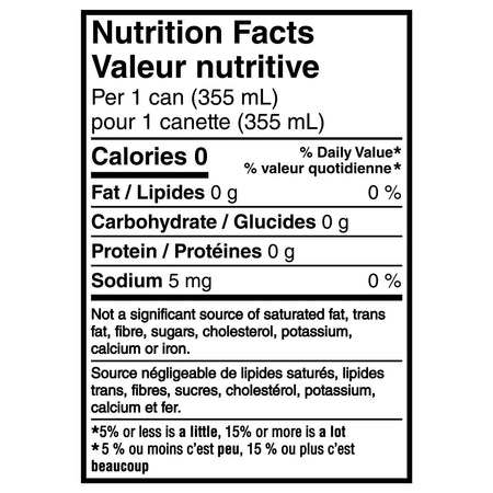 Nutrition facts label for a 355 mL can of AHA Sparkling Water Beverage, Pineapple & Passionfruit Flavor, Unsweetened, 12x355ml on a white background