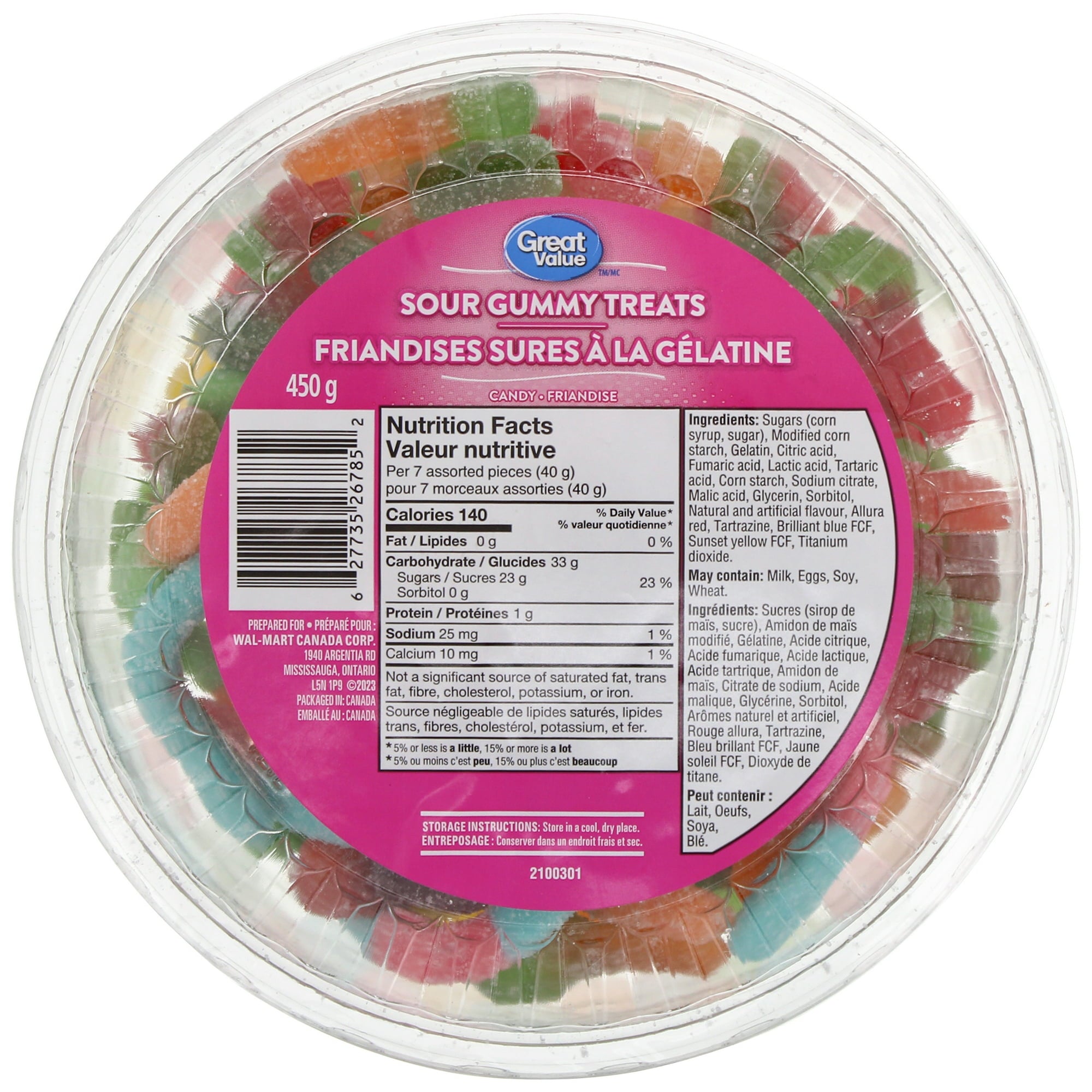 Great Value Sour Gummy Treats Candy, 450g/15.9 oz., Tub, front of tub.