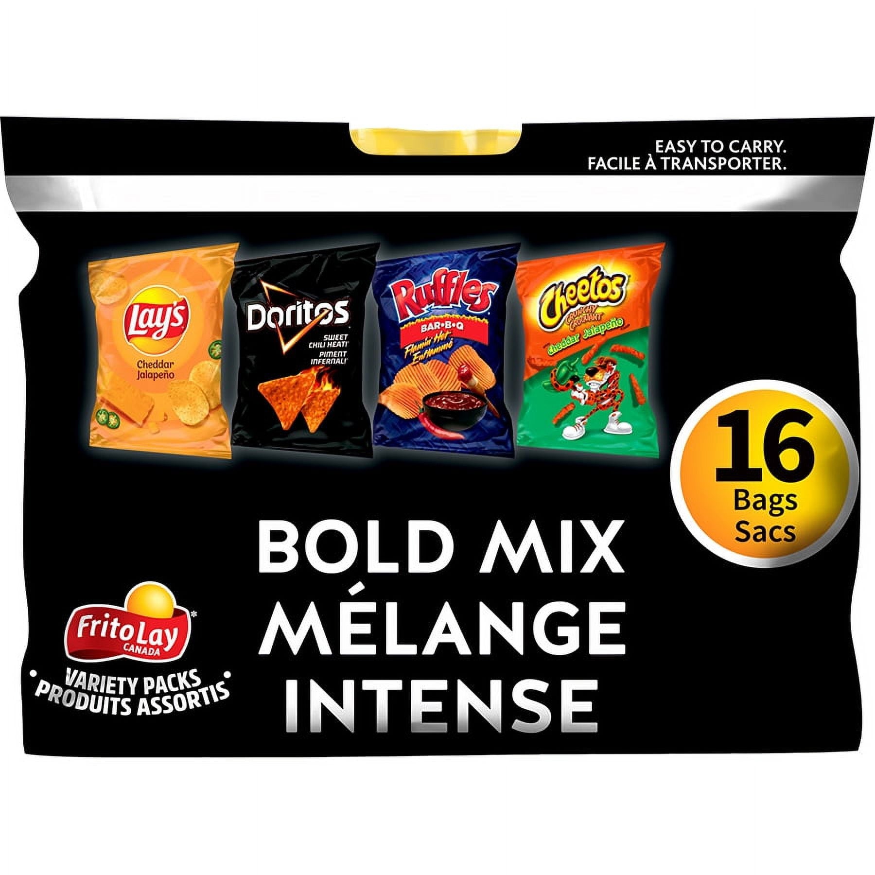 Frito-Lay Chips Variety Pack, Bold Mix, Cheddar Jalapeno, Sweet Chili Heat, and Flamin' Hot BBQ Chips, and Cheddar Jalapeno Cheetos (16ct x 28g),448g, front of pack.