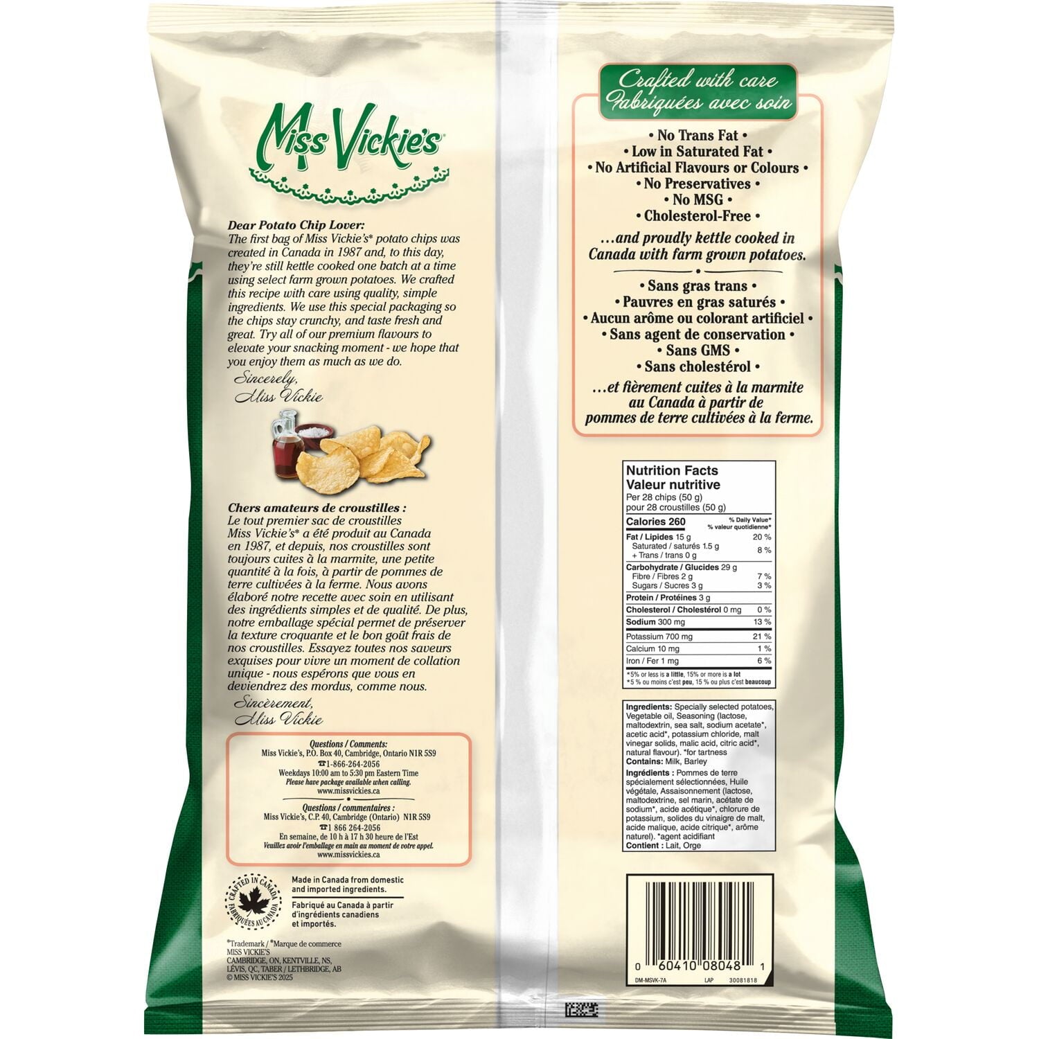Miss Vickie's Sea Salt & Malt Vinegar Potato Chips, 325g/11.4 oz - Back