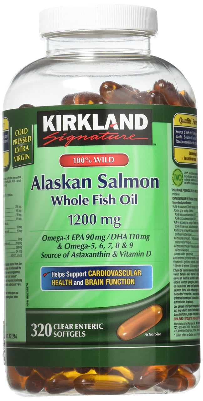 Kirkland Signature 100% Wild Alaskan Salmon Whole Fish Oil, 320 Softgels, {Imported from Canada}