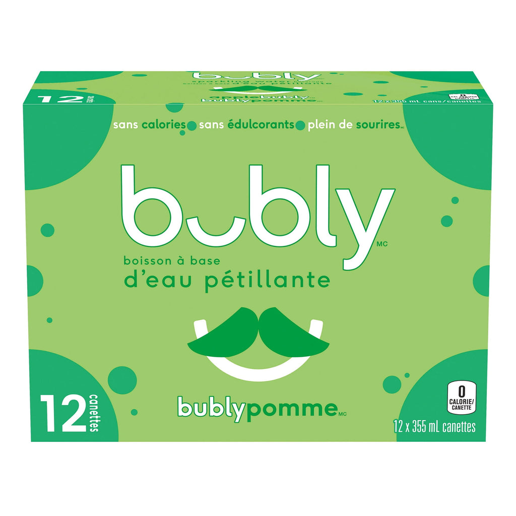 Back of Bubly Apple Sparkling Water Beverage, 12x355ml cans, 4.26L/144 oz