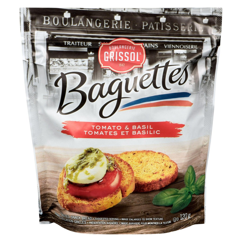 Boulangerie Grissol Baguettes, Tomato & Basil, 120g, front of bag.