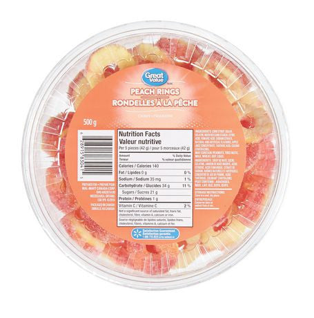 Great Value, 500g/1.1lbs, Tub of Gummy Peach Rings, {Imported from Canada}