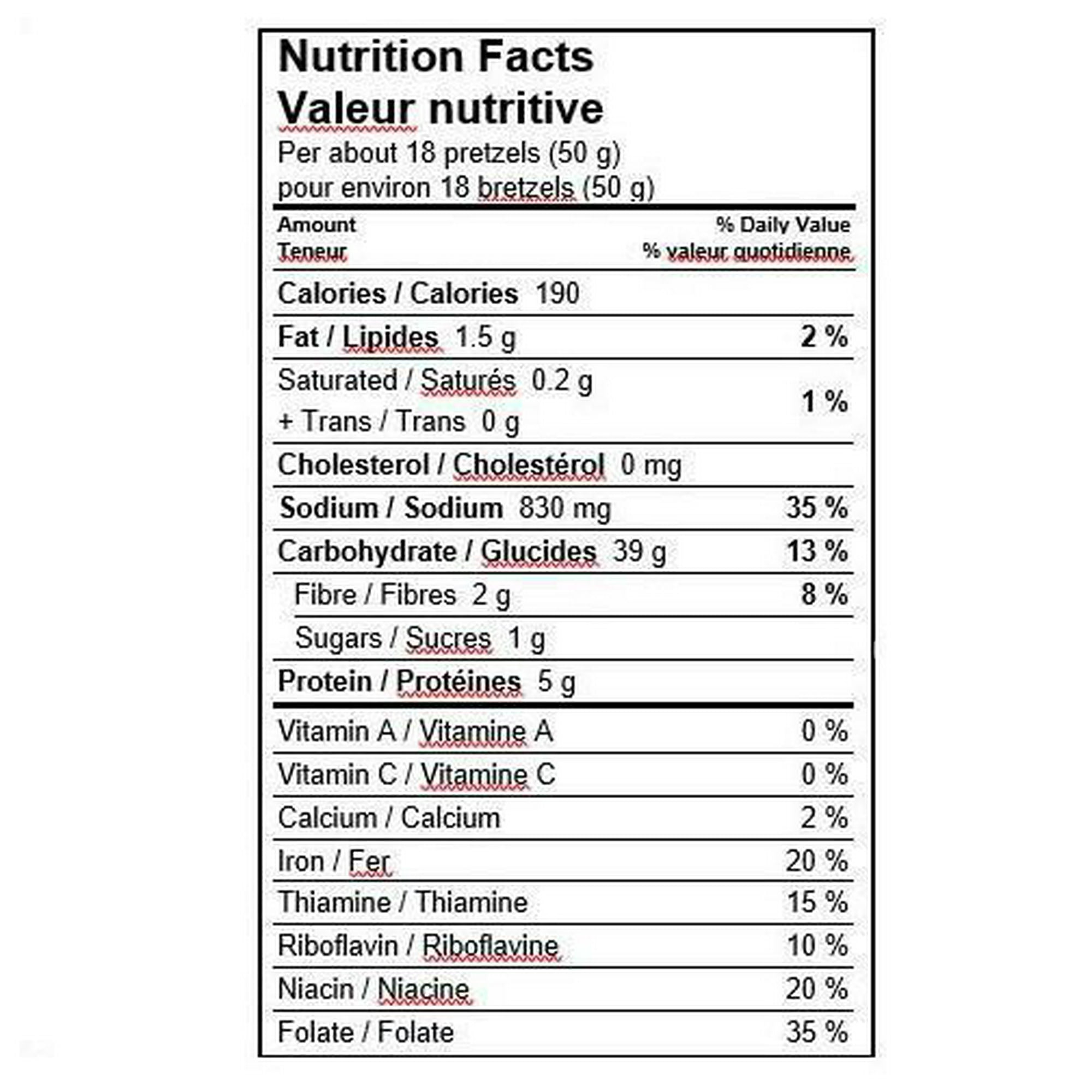 Old Dutch Baked Mini Twists Pretzels, 320g/11.3 oz. Bag, nutrition facts label.
