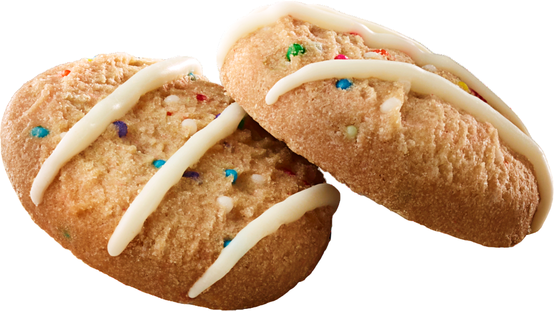 Two Leclerc Celebration Birthday Cake Mini Cookies with white icing and colorful sprinkles on a white background