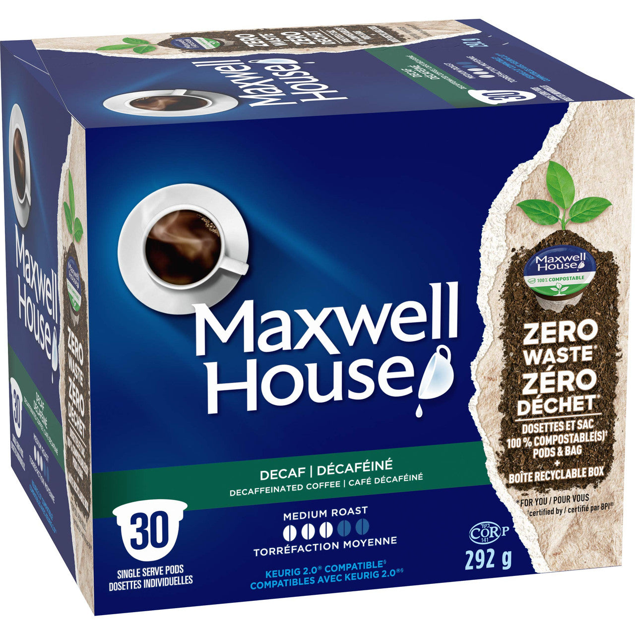 Maxwell House Decaf Coffee 100% Compostable Pods, 30 Keurig Pods, {Imported from Canada}