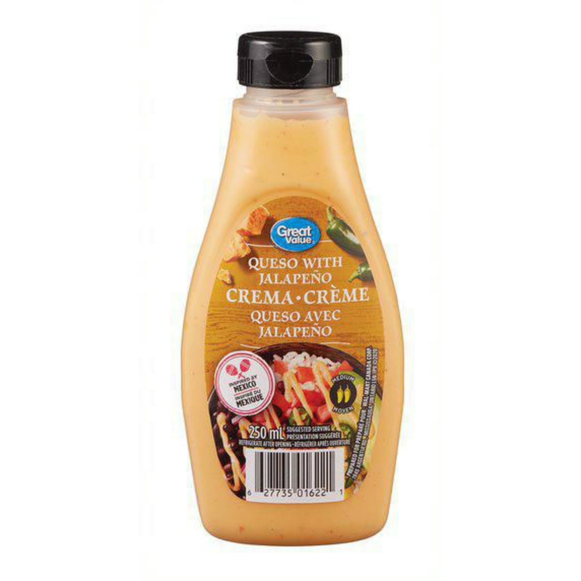 Great Value Queso With Jalapeno Crema Sauce, 250g/8.8 oz., Squeeze Bottle, front of bottle.