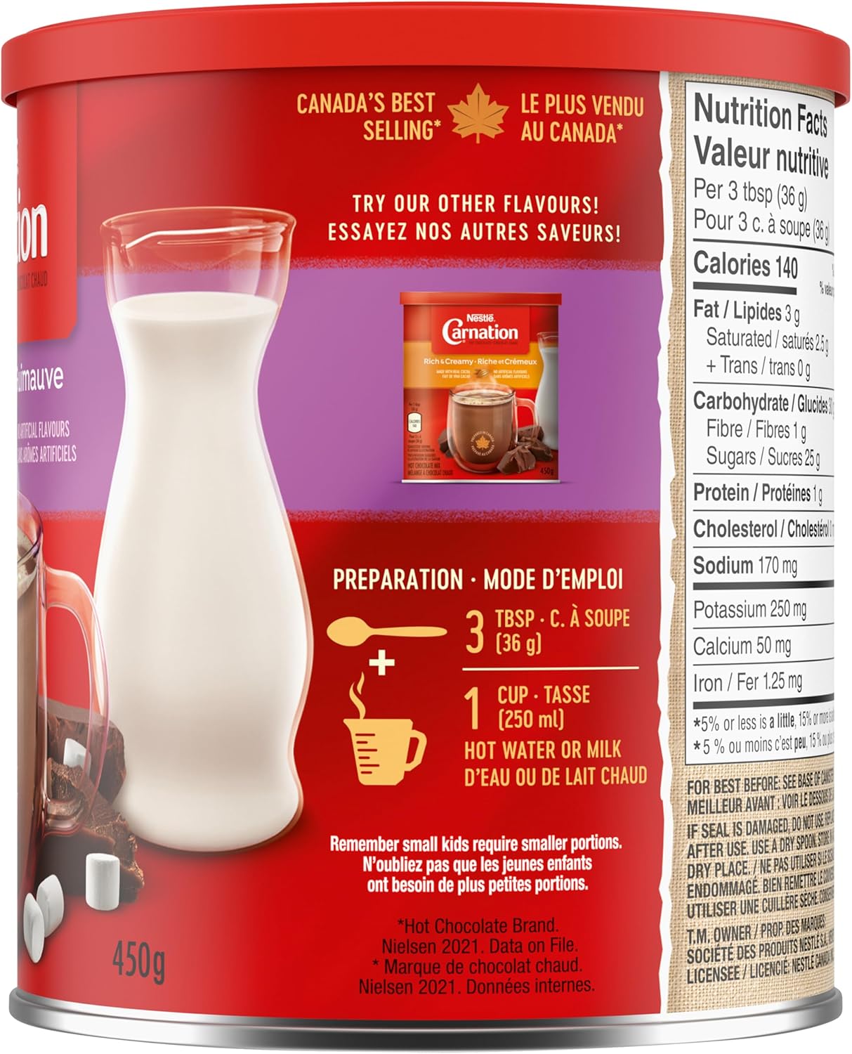 Carnation milk powder can with red lid and white body, showing preparation instructions and nutrition facts.