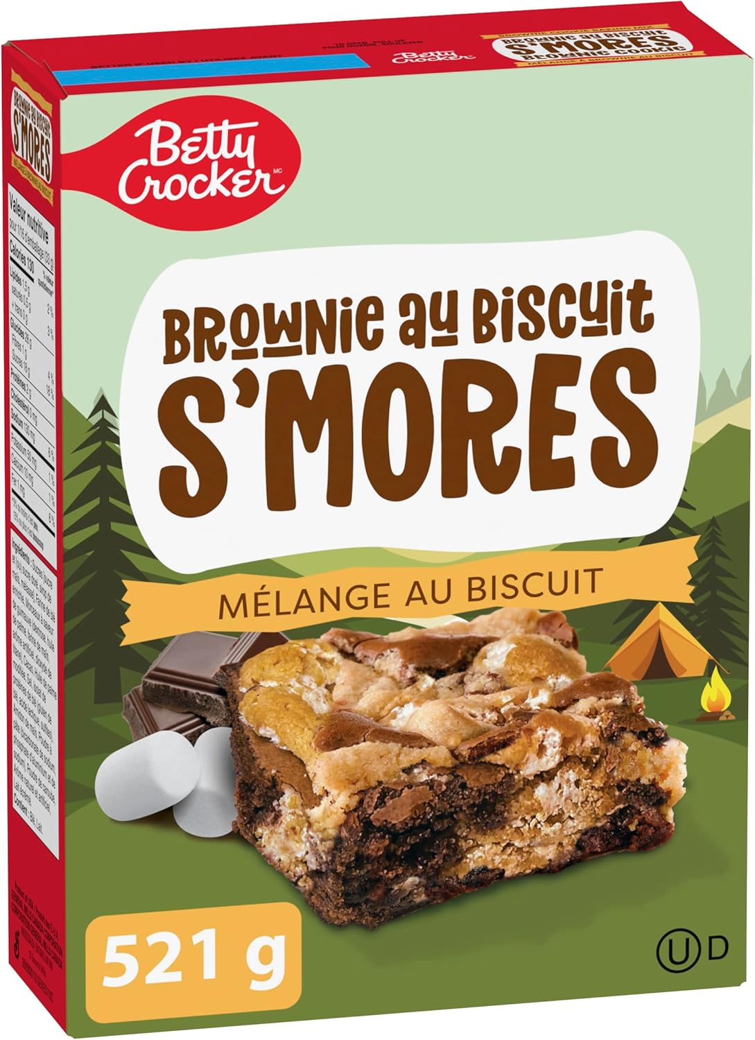 Box of Betty Crocker Brownie au Biscuit S'Mores mix on a green background