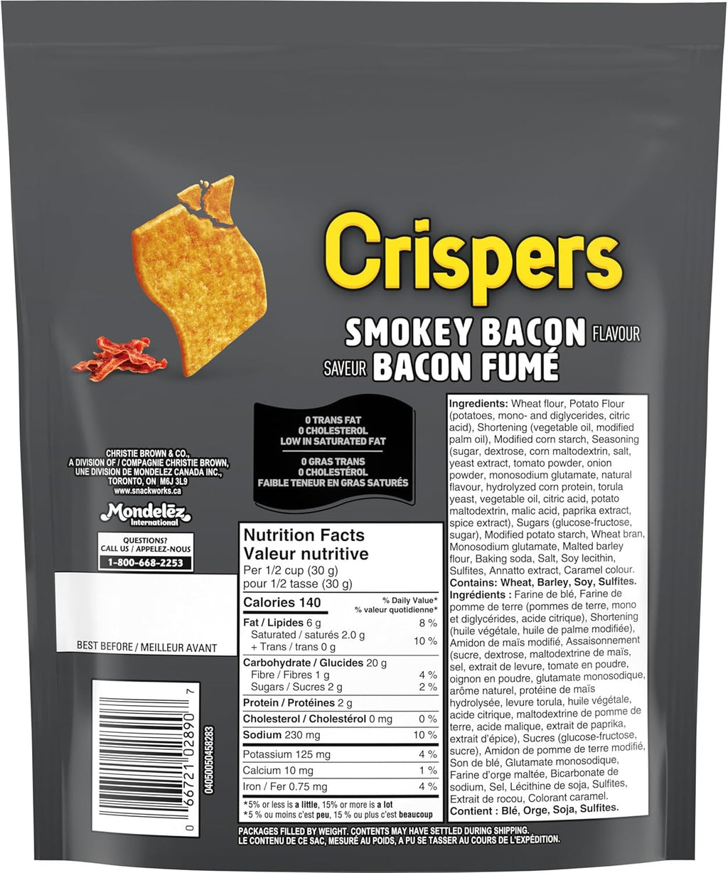 Christie Crispers Smokey Bacon Flavored Crackers 145g/5.1 oz., Bag, back of bag.