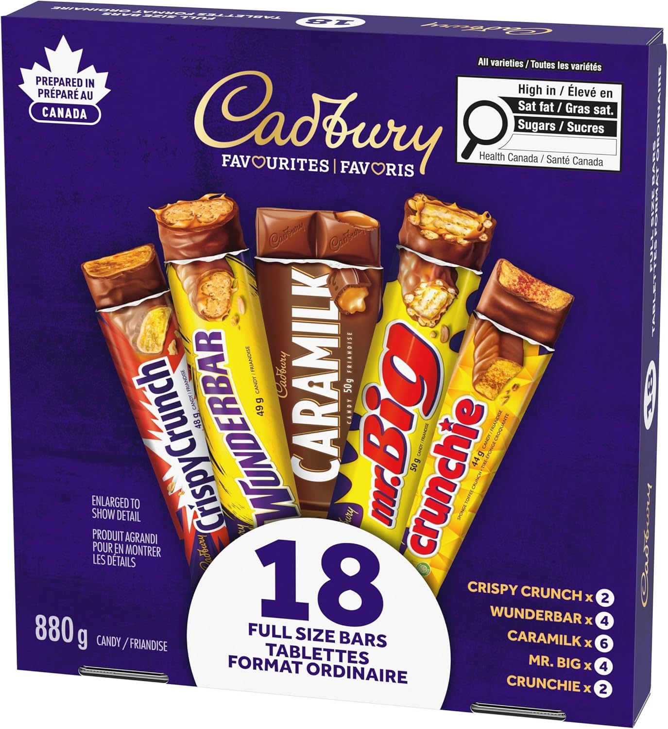 Cadbury 18 Full Size Chocolate Bars Variety Pack - 880g packaging with various flavors on a purple background