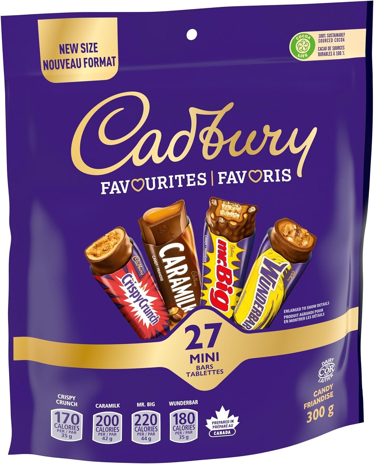 A purple bag of Cadbury Favorites 27 Mini Chocolate Bars, Snack-Size Variety Pack - 300g/10.5 oz